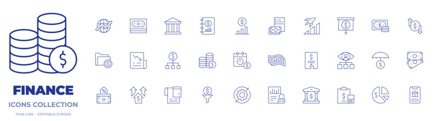 Poster - Finance icons collection. Thin Line icons, editable stroke. advancement, bank, budget, coins, consultant, economy, finance, finance book, globe, money, newspaper, notes, payday