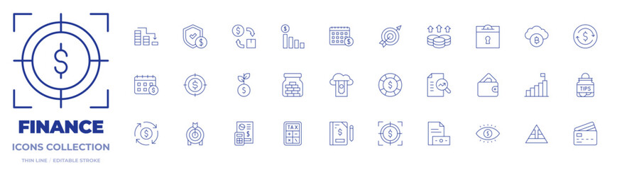 Poster - Finance icons collection. Thin Line icons, editable stroke. calendar, cash flow, cloud, goal, graphic, guarantee, help, investment, recession, saving money, target
