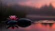 © Helois - Pink flower, stones, pond at sunset with fog.