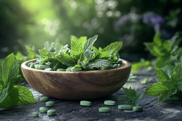 Wall Mural - Refreshing Spearmint Leaves and Herbal Medicine in Wooden Bowl