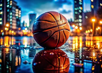 Poster - Captivating Close-up of a Basketball Covered in Water Drops Against an Urban Background, Highlighting Texture and Detail in an Urban Exploration Photography Style