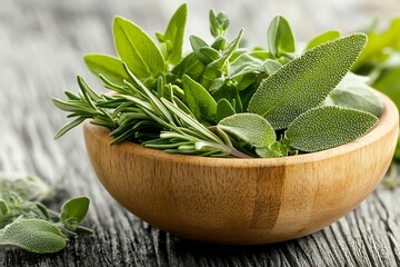 Wall Mural - Rustic Wooden Bowl of Fresh Herbs and Spices