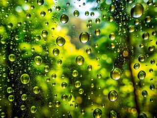Poster - Captivating Double Exposure of Raindrops on Wet Glass with Lush Greenery Reflection for Nature Lovers and Photographers