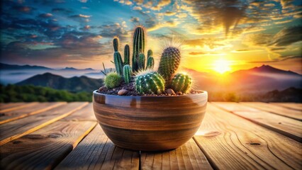 Poster - Captivating Double Exposure Photography of a Cactus Pot on a Table Merging Nature and Design with Generative AI for a Unique Artistic Perspective