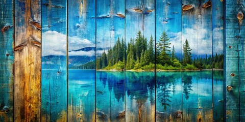 Poster - Captivating Double Exposure Photography Featuring a Blue Wooden Wall Blending Nature and Urban Elements for a Unique Artistic Expression and Visual Storytelling