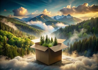 Poster - Captivating Double Exposure Photography of a Cardboard Box Merging with Nature, Abstract Concepts, and Innovative Designs for Creative Projects