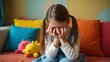 © Giuseppe Cammino - A young girl with pigtails sits on a colorful couch in a playful environment, her face buried in her hands, evoking feelings of distress or shyness, surrounded by vibrant toys