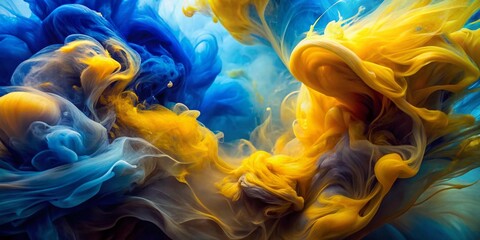 Poster - Captivating Double Exposure Photography of Blue and Yellow Paint Blending, Showcasing Artistic Expression, Color Dynamics and Creative Techniques for Visual Storytelling