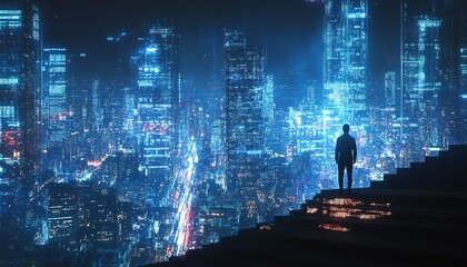 Poster - Man standing on stairs, gazing at a glowing cyber security interface, futuristic city skyline at night, digital data streams, hightech urban atmosphere