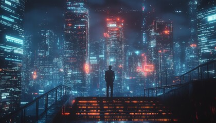 Poster - Man standing on stairs, gazing at a glowing cyber security interface, futuristic city skyline at night, digital data streams, hightech urban atmosphere