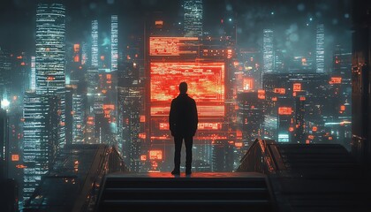 Poster - Man standing on stairs, gazing at a glowing cyber security interface, futuristic city skyline at night, digital data streams, hightech urban atmosphere