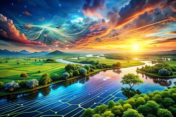 Poster - Captivating Landscape of Dual Currents: A Digital Contrast Between Nature's Serenity and Technological Intricacies in a Harmonious Visual Experience