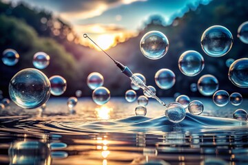 Poster - Captivating Long Exposure of Air Bubbles Escaping from a Needle into Clear Water, Creating a Mesmerizing Display of Movement and Light in a Tranquil Aquatic Environment