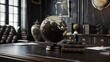 © decorator - Elegant globe on navy wooden desk  a realistic representation of global geography in grey tones