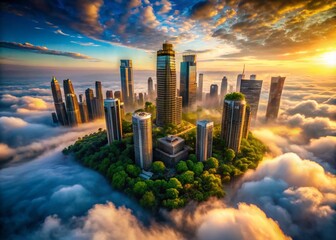Poster - Captivating Macro Photography of Futuristic Cities Rising Above the Clouds at Dawn with Lush Greenery and Ethereal Light Enhancing the Dreamlike Atmosphere