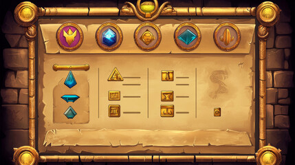 Poster - Egypt ui game interface vector button icon set. Egyptian gui menu design kit with scroll banner template and level score frame window. Gold parchment screen panel in gamer ancient graphic illustration