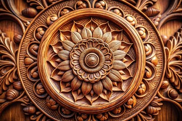 Poster - Captivating Portrait of a Wooden Rosette Showcasing Intricate Carvings and Varied Textures, Ideal for Art and Design Enthusiasts Seeking Unique Decorative Elements