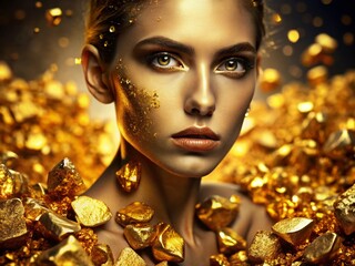Poster - Captivating Portrait of Shimmering Gold Fragments in a 3D Render, Showcasing Their Intricate Details and Dynamic Textures for High-Impact Design and Visual Appeal