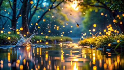 Poster - Captivating Splash in a Firefly Background: A Magical Evening Scene with Glowing Lights and Water Droplets, Perfect for Nature Lovers and Dreamy Visuals