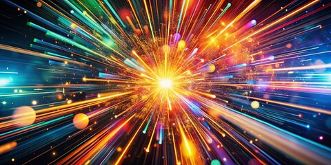 Poster - Captivating Vintage Style Photography of Colorful Abstract Particles and Lines in Motion, Creating a Dynamic Circular Explosion and Burst of Energy in a Tech-Inspired Backdrop