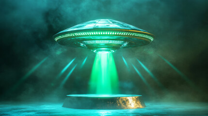 Poster - Green ufo spaceship with beam 3d effect vector. Space alien saucer ship technology and fantasy ray glow for energy glitter portal podium. Magic hologram with neon spotlight for future invasion