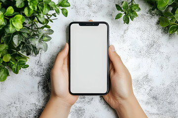 Poster - Hands holding smartphone with blank screen, top view.