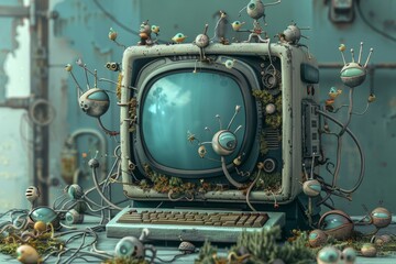 Poster - a whimsical computer with many eyes adorning it sits in a forgotten digital landscape, a fantastical