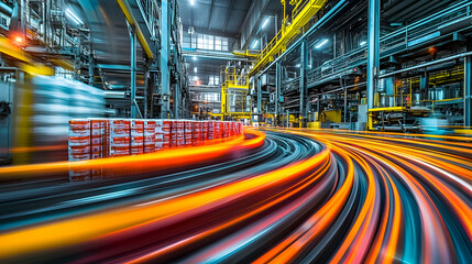 Poster - Industrial factory interior with long exposure light trails showing production line.