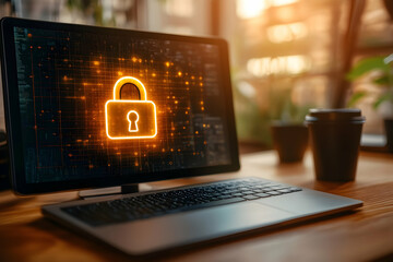 Poster - Laptop displaying a glowing padlock on its screen, symbolizing cybersecurity.