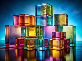 Poster - Colorful Glass Block Arrangement Highlighting Textures and Light Play in a Modern Interior Design Space for Contemporary Aesthetic Appeal
