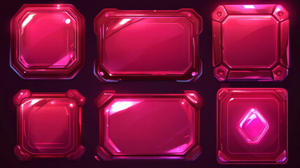 Poster - Glossy pink boards with buttons for game interface design. Vector cartoon set of shiny plastic ui elements, frames with settings, options and menu and blank panels