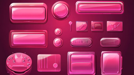 Poster - Glossy pink boards with buttons for game interface design. Vector cartoon set of shiny plastic ui elements, frames with settings, options and menu and blank panels