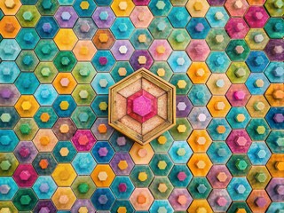 Poster - Colorful Pastel Hexagon Geometric Pattern for Creative Modern Design Background in Drone Photography Showcasing Vibrant Colors and Unique Shapes for Artistic Projects