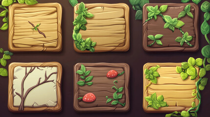Poster - Wooden game buttons, menu interface made of wood textured boards with ropes and vines. ui or gui graphic design elements. Isolated arrows, bars and keys for app user panel, Cartoon 2d vector icons set