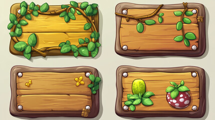 Poster - Wooden game buttons, menu interface made of wood textured boards with ropes and vines. ui or gui graphic design elements. Isolated arrows, bars and keys for app user panel, Cartoon 2d vector icons set