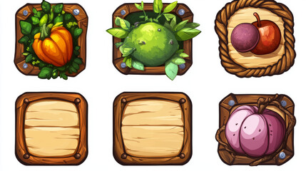 Poster - Wooden game buttons, menu interface made of wood textured boards with ropes and vines. ui or gui graphic design elements. Isolated arrows, bars and keys for app user panel, Cartoon 2d vector icons set