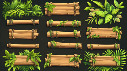 Poster - Wood pointer bamboo game ui frame vector. Direction arrow sign board on stick set. Isolated tropical jungle beach information panel for menu interface. Blank guidepost button icon gui collection