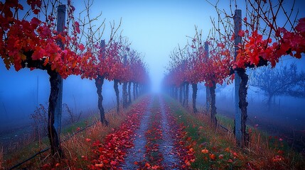 Canvas Print - Autumn vineyard path fades into misty fog.