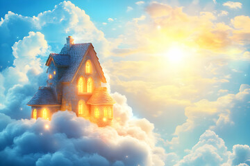 Magical house glowing on clouds at sunset.