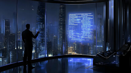 Poster - Man in futuristic office overlooking illuminated city at night, viewing digital code on large screen.