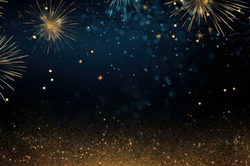 Poster - golden fireworks exploding against a dark blue night sky with golden glitter, perfect for celebratio