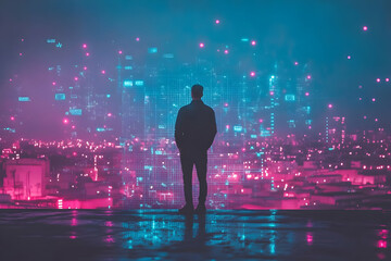 Poster - Man silhouetted against vibrant cityscape, futuristic digital data overlay.