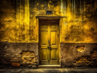 Poster - Dark Yellow Door Merging with a Textured Wall in a Captivating Double Exposure Photography Concept for Artistic Home Decor and Design Inspiration