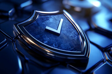 Poster - Metallic shield with checkmark on dark tech background.