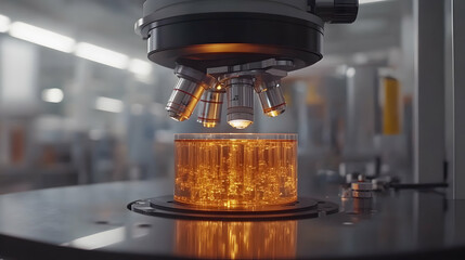 Poster - Microscope analyzing a sample in a transparent cylinder.