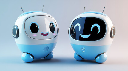 Poster - 3D chatbot mascots set isolated on transparent background. Vector realistic illustration of cute robot character with blue body and happy smiling face, ai assistant, computer bot, future technology