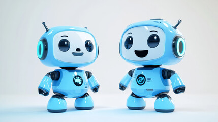Poster - 3D chatbot mascots set isolated on transparent background. Vector realistic illustration of cute robot character with blue body and happy smiling face, ai assistant, computer bot, future technology