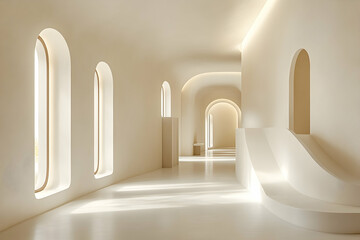 Poster - Minimalist beige interior with arched windows and soft lighting.