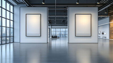 Poster - Modern art gallery interior with empty frames, city view.