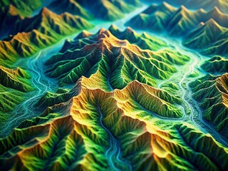 Poster - Detailed Topographic Contour Map of a Mountain Range Featuring Abstract Green and Blue Background for GPS Navigation and Terrain Relief Art Illustration Concept